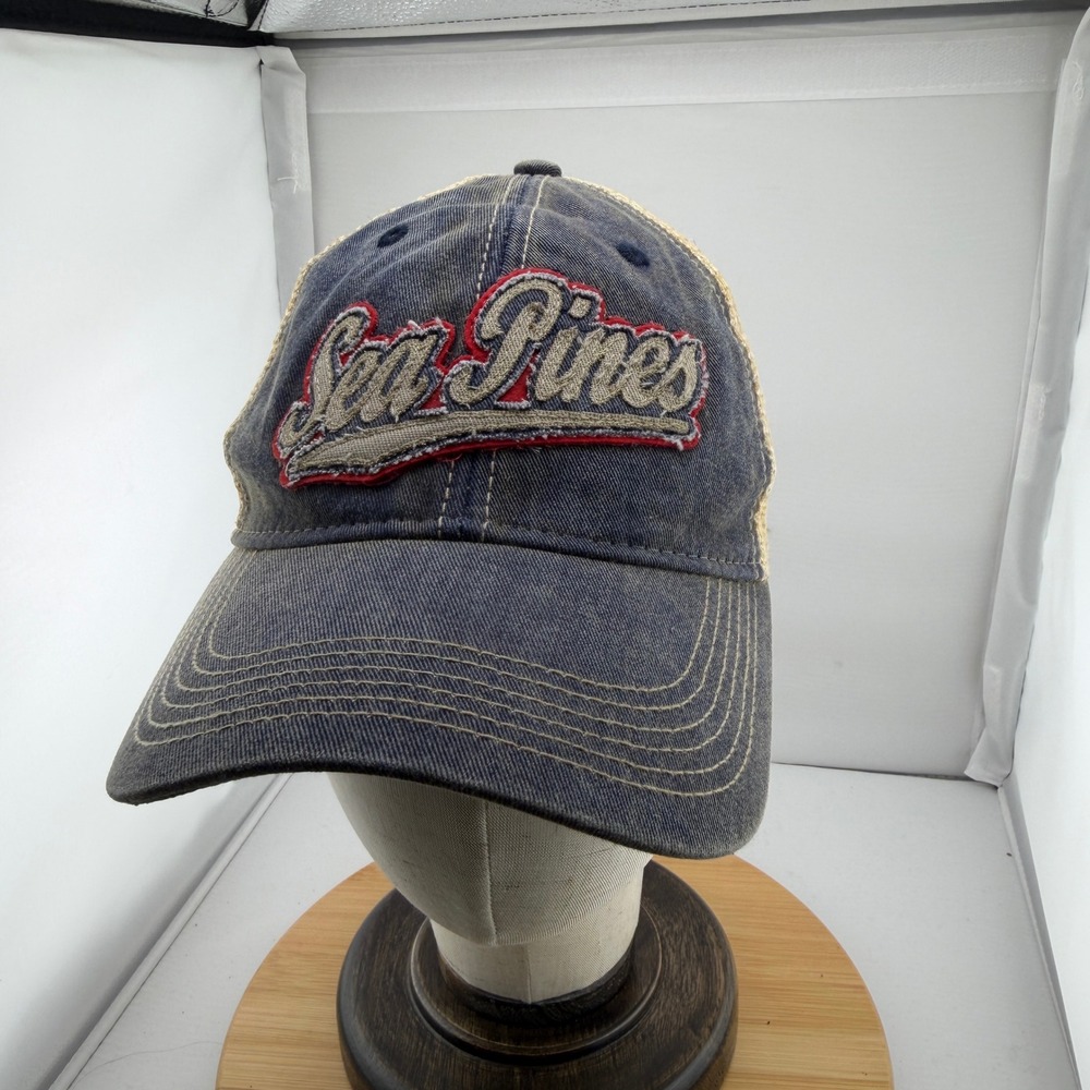 Legacy Sea Pines Trucker Hat Faded Navy Blue Tan Mesh Snapback Coastal Cap